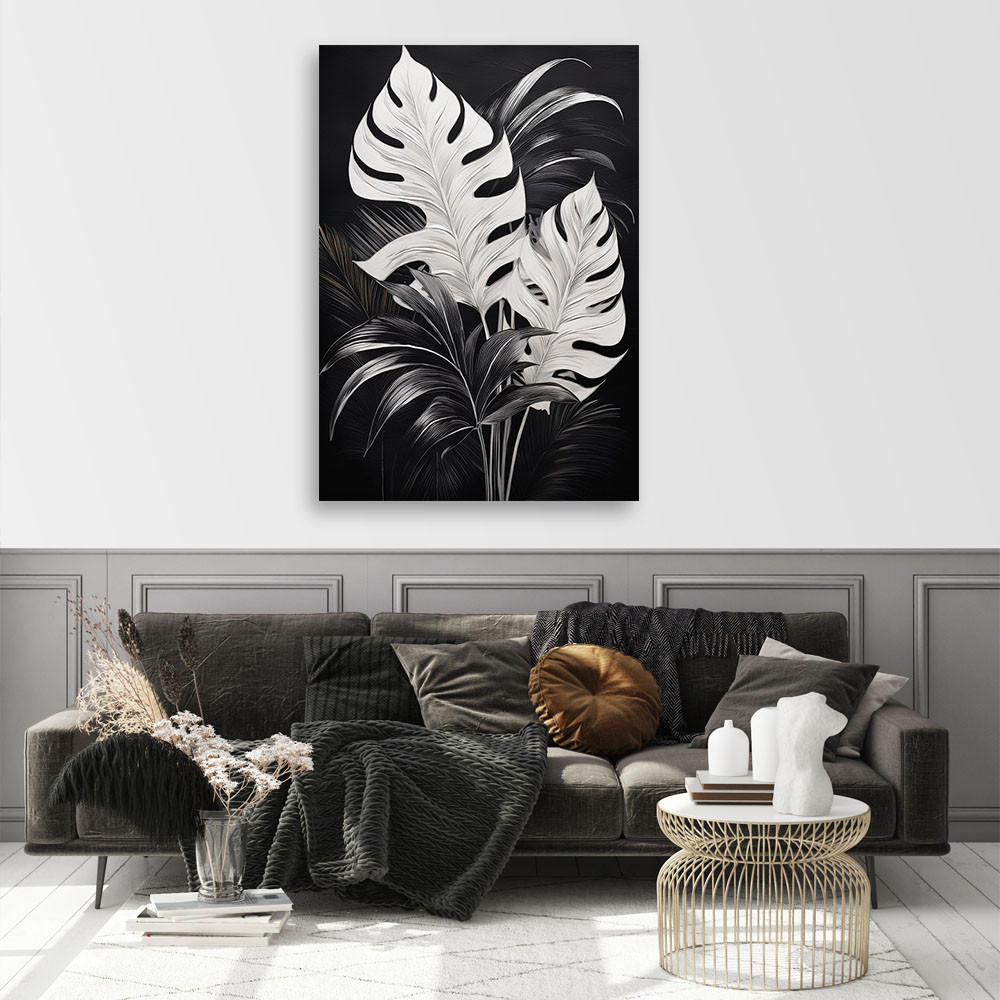 WANDBILD monstera verlässt black white loft - Schwarz, Textil (70/100cm) - Feeby