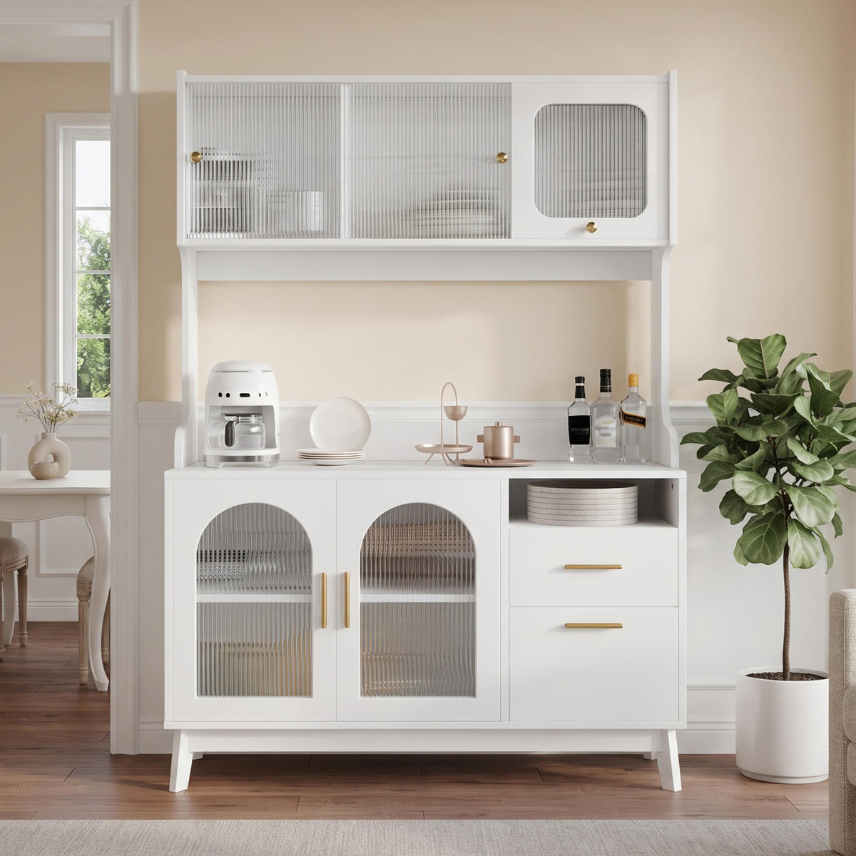 BUFFETSCHRANK 120x40x178 cm, 2 Steckdosen, USB-A/USB-C-Anschlüsse, Weiß - Weiß, Holzwerkstoff (120/178/40cm) - FOHERE