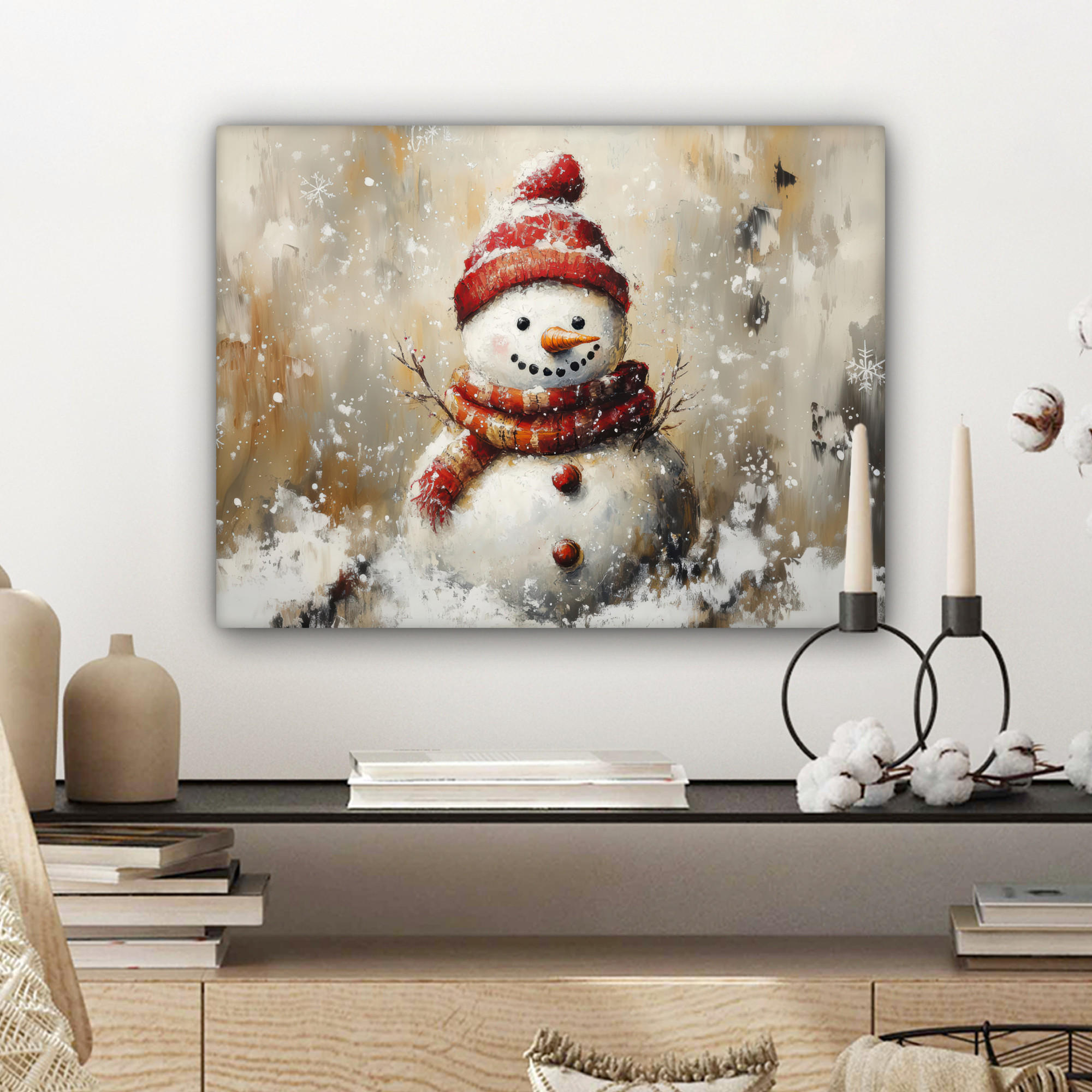 LEINWANDBILD Schneemann - Winter - Schnee - Beige 40x30 cm - Weiß, Textil (40/30cm) - MuchoWow