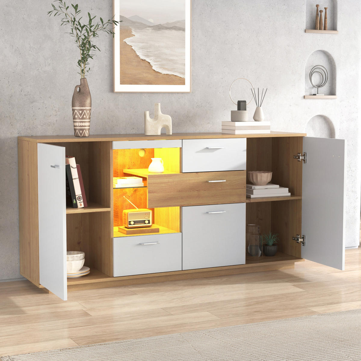 SIDEBOARD 160/40/77 cm Natur/Weiß aus MDF mit LED und 4 Schubladen - Naturfarben, Holzwerkstoff (160/77/40cm) - OKWISH