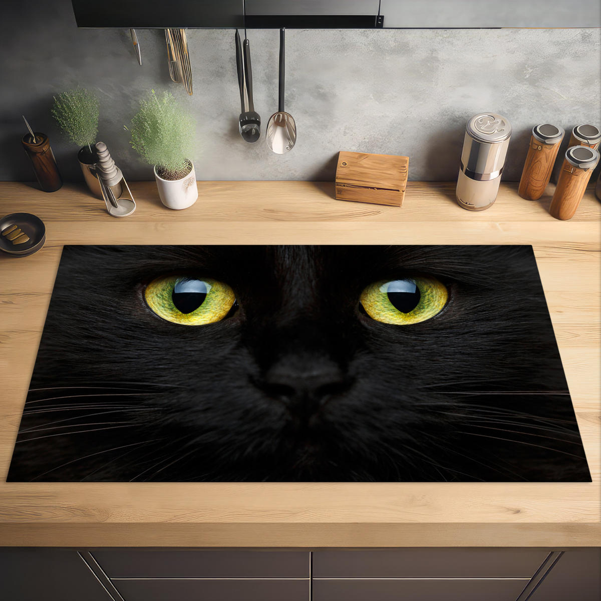 HERDABDECKPLATTE Katze - Augen - Gelb - Schwarz Induktionsschutz 91.6x52.7 cm - Schwarz, Kunststoff (91.6/52.7/0.2cm) - MuchoWow