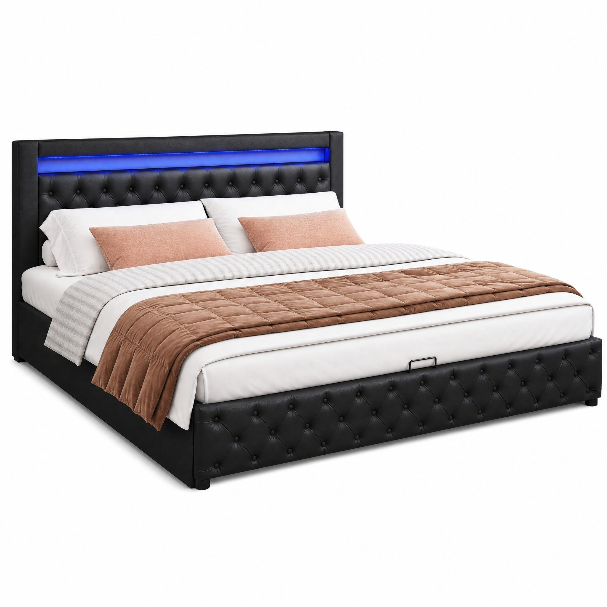 BETT mit Bettkasten und LED 140x200 cm PU Schwarz - Schwarz, Metall (140/200cm) - Meubliv