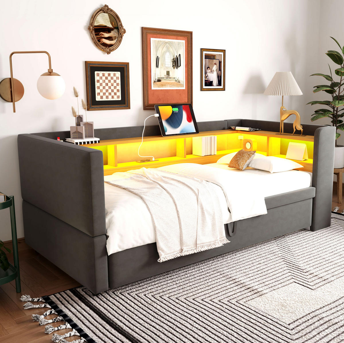 SCHLAFSOFA 90/190 cm mit LED-Beleuchtung, Steckdosen, Ablagefächern und Flanellbezug, Dunkelgrau - Dunkelgrau, Textil (199/80/211cm) - Redom