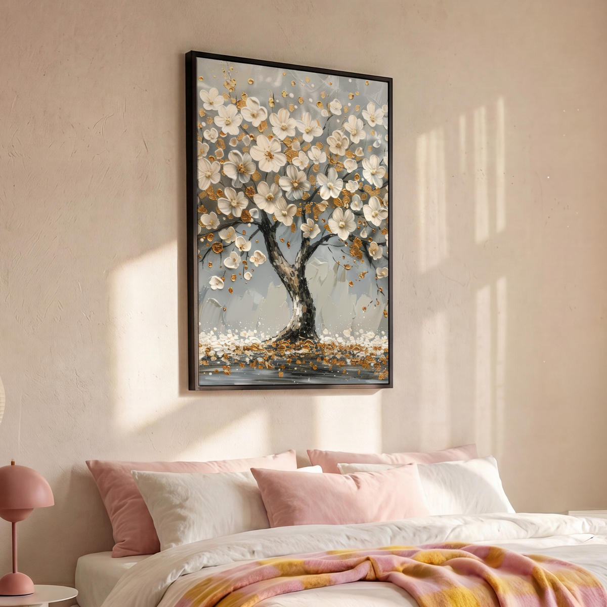 LEINWAND Bilder mit Rahmen - Baum - Blumen - Weiß - Natur - Kunst - 80x120 - Weiß, Textil (80/120cm) - MuchoWow
