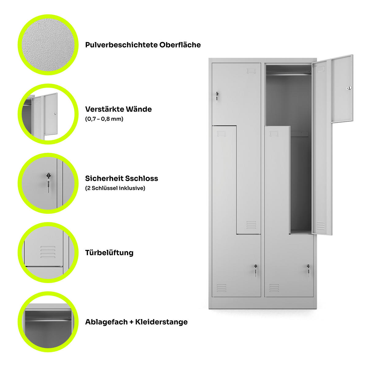 MEHRZWECKSCHRANK 4-türig mit 4 Fächer Hellgrau 80x185x45cm - Hellgrau, Metall (80/185/45cm) - Muralo