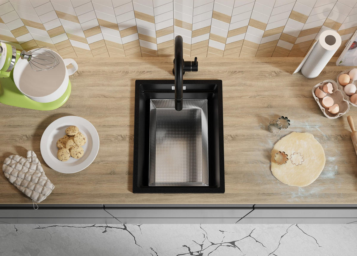 SPÜLBECKEN Praga Slim, 2-er set Schwarz 36/47 cm 1 Becken + Ablauf-Set + Aufrollbare Abtropffläche ab 40er Unterschrank - Chromfarben/Schwarz, Kunststoff (36/20/47cm) - Primagran