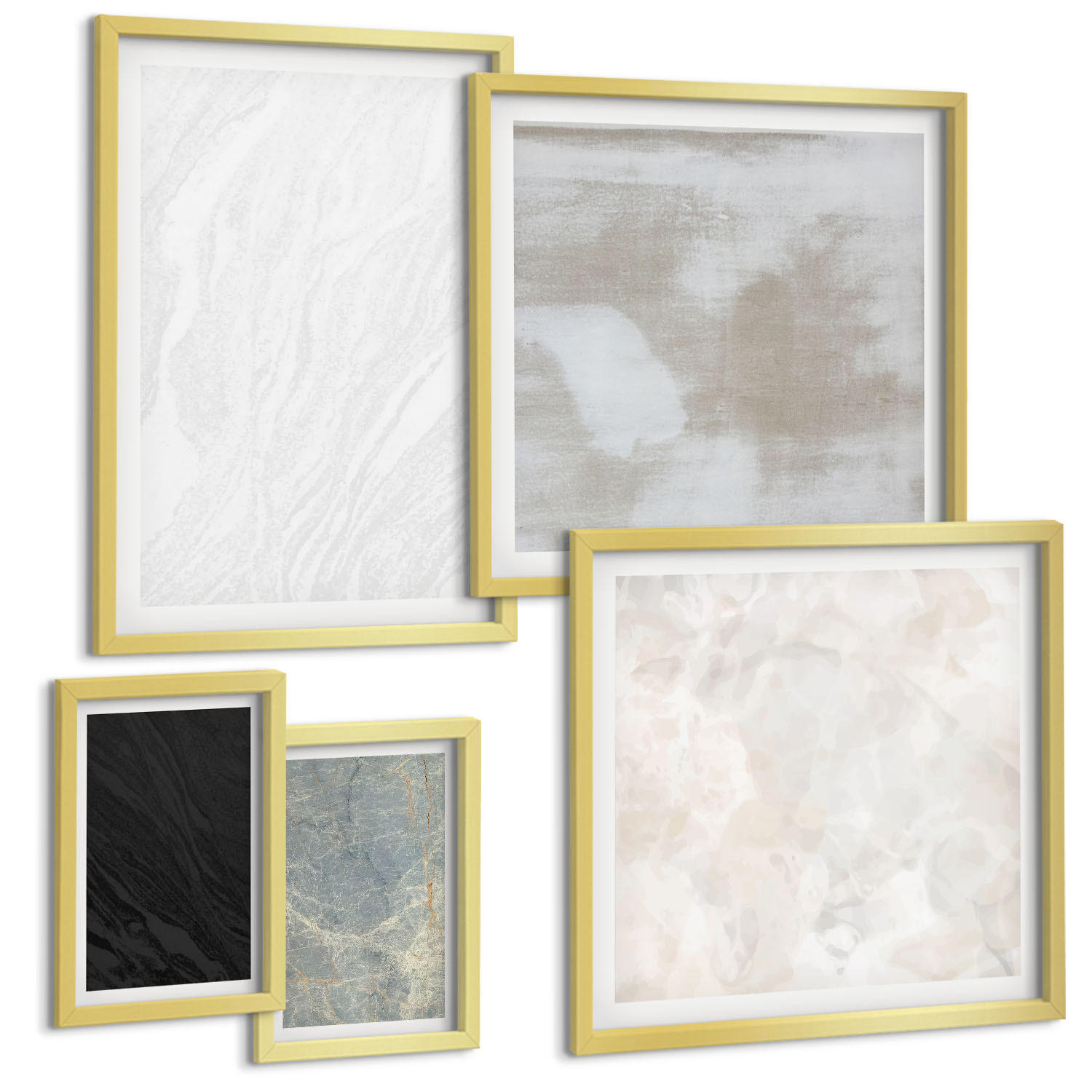BILDER SET 5er Set - 50x50 cm & 20x30 cm & 40x60 cm Goldrahmen - Steintexturen - Goldfarben, Kunststoff (40/60cm) - TULUP