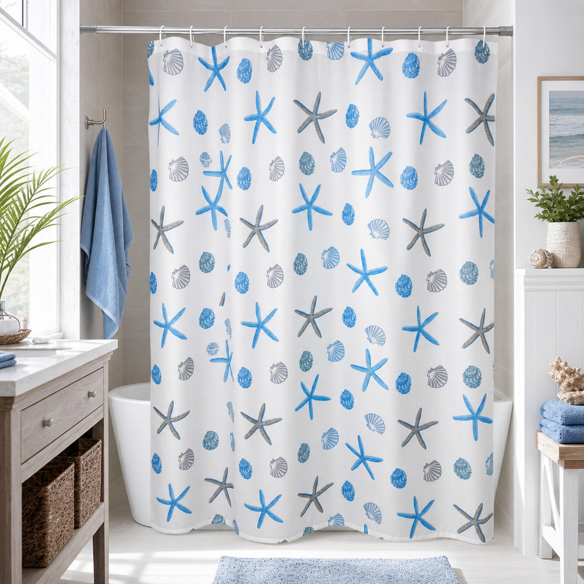 DUSCHVORHANG – Breite 180 x Höhe 180 cm – lan's – inklusive Haken - Blau, Kunststoff (180/180cm)
