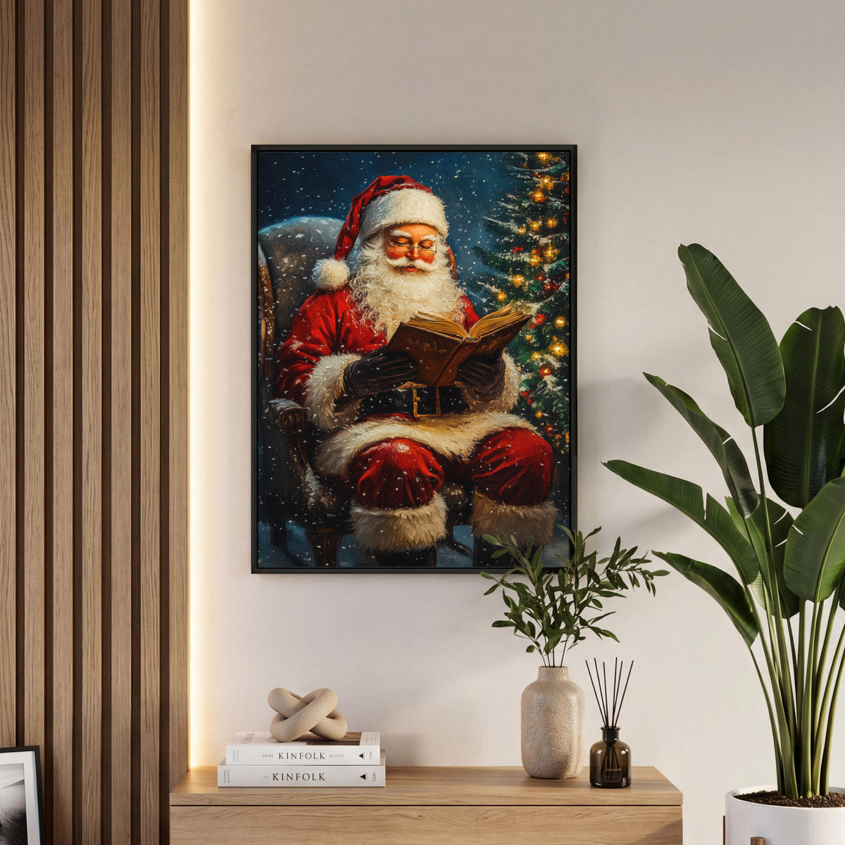 LEINWAND Bilder mit Rahmen - Weihnachtsmann - Weihnachten - Winter - Weihnachtsbaum - 50x70 - Bordeaux, Textil (50/70cm) - MuchoWow