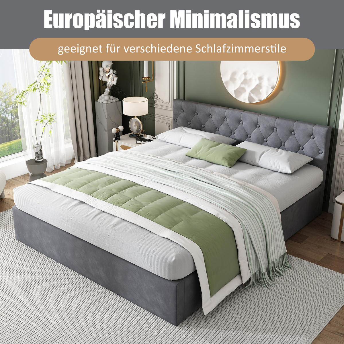 POLSTERBETT 140/200 cm mit hydraulischem Bettkasten & Lattenrost, Samt Grau - Grau, Textil (140/200cm) - Redom