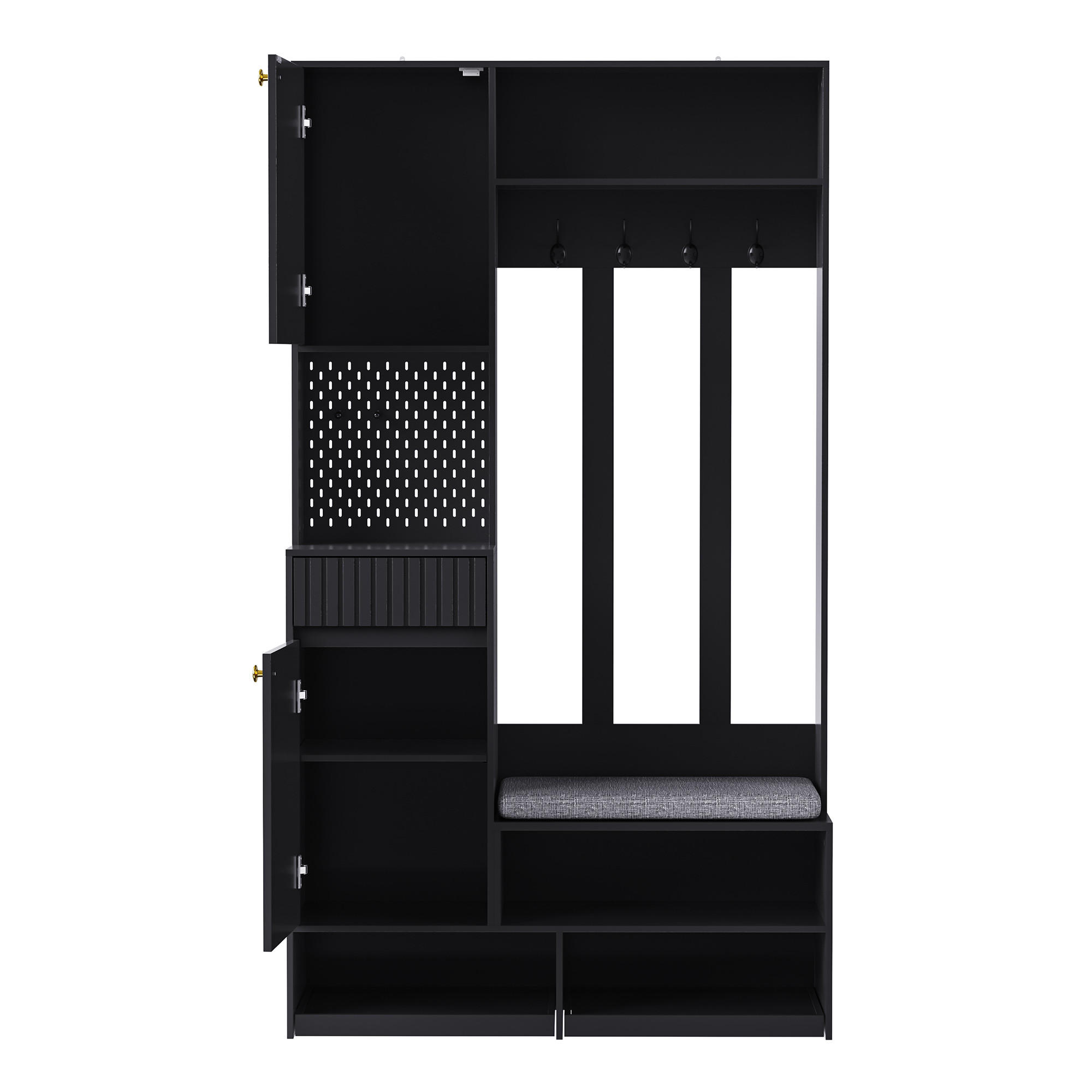 GARDEROBEN-SET in Schwarz mit Sitzbank und Schubladen für Flur, B100/T35/H180 cm - Schwarz, Holzwerkstoff (100/180/35cm) - STILVORA