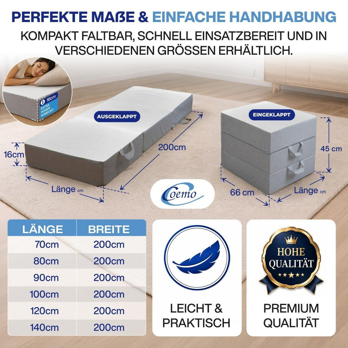 KLAPPMATRATZE FALKO 120/200 cm Höhe 16 cm - Weiß, Textil (120/200cm) - Coemo