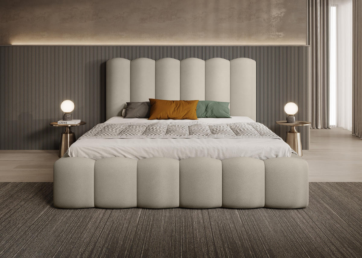 POLSTERBETT Modernes Polsterbett Mona V 180x200 cm – Komfortables Bett mit Stauraum & Halbwalzen-Design, Beige - Beige/Schwarz, Holzwerkstoff/Kunststoff (180/200cm) - DomoHome