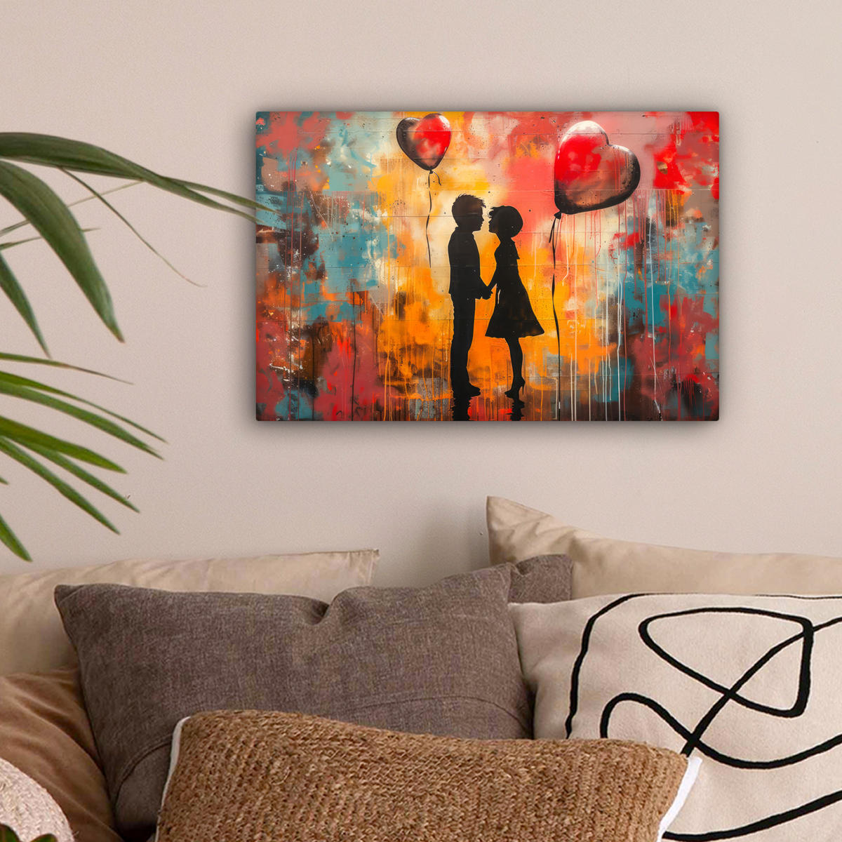 LEINWANDBILD Straßenkunst - Liebe - Graffiti - Kunst - Banksy 30x20 cm - Orange, Textil (30/20cm) - MuchoWow