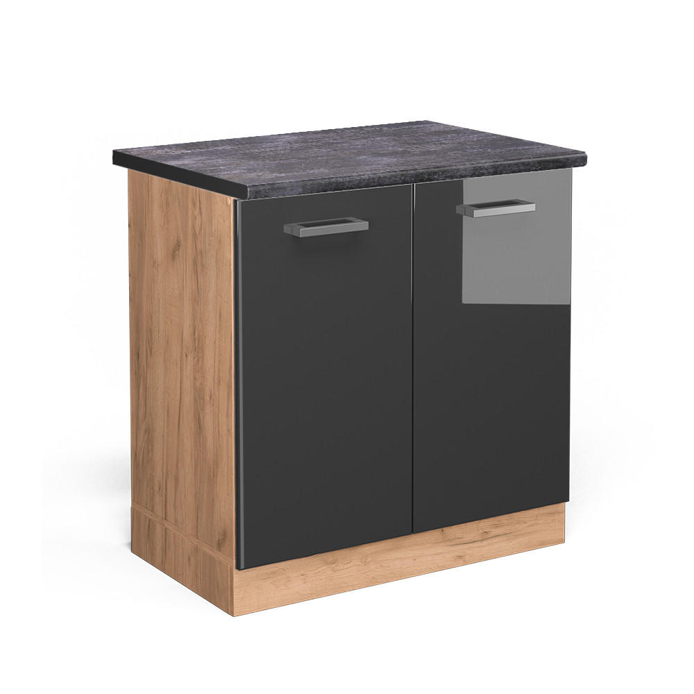 SPÜLENUNTERSCHRANK R-Line Anthrazit Hochglanz 80 cm, AP Anthrazit - Honigeiche/Schwarz Hochglanz, Holzwerkstoff (80/81.6/60cm) - Vicco
