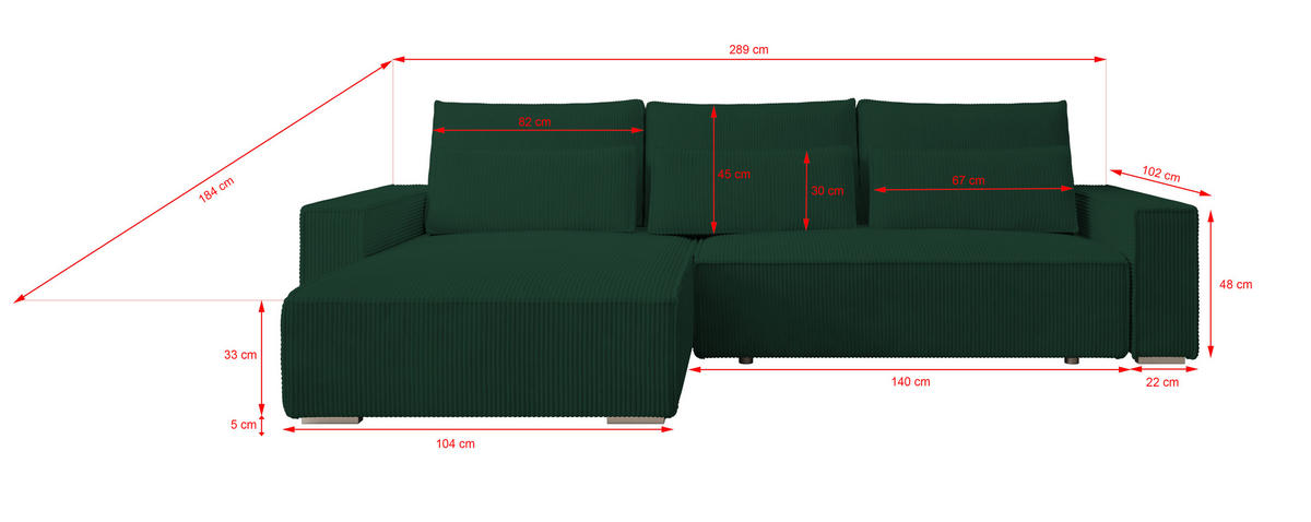ECKSOFA Alice mit Bettkasten und Schlaffunktion, Cordstoff in L-Form - Grün, Textil (289/184cm)