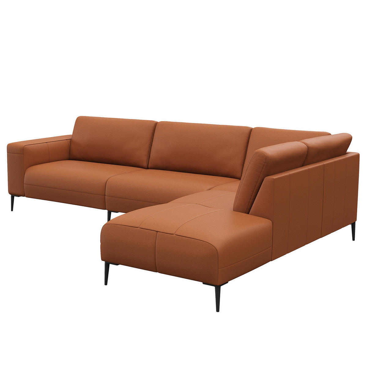 ECKSOFA mit Ottomane - Kastanienfarben/Schwarz, Leder/Metall (290/203cm) - home24