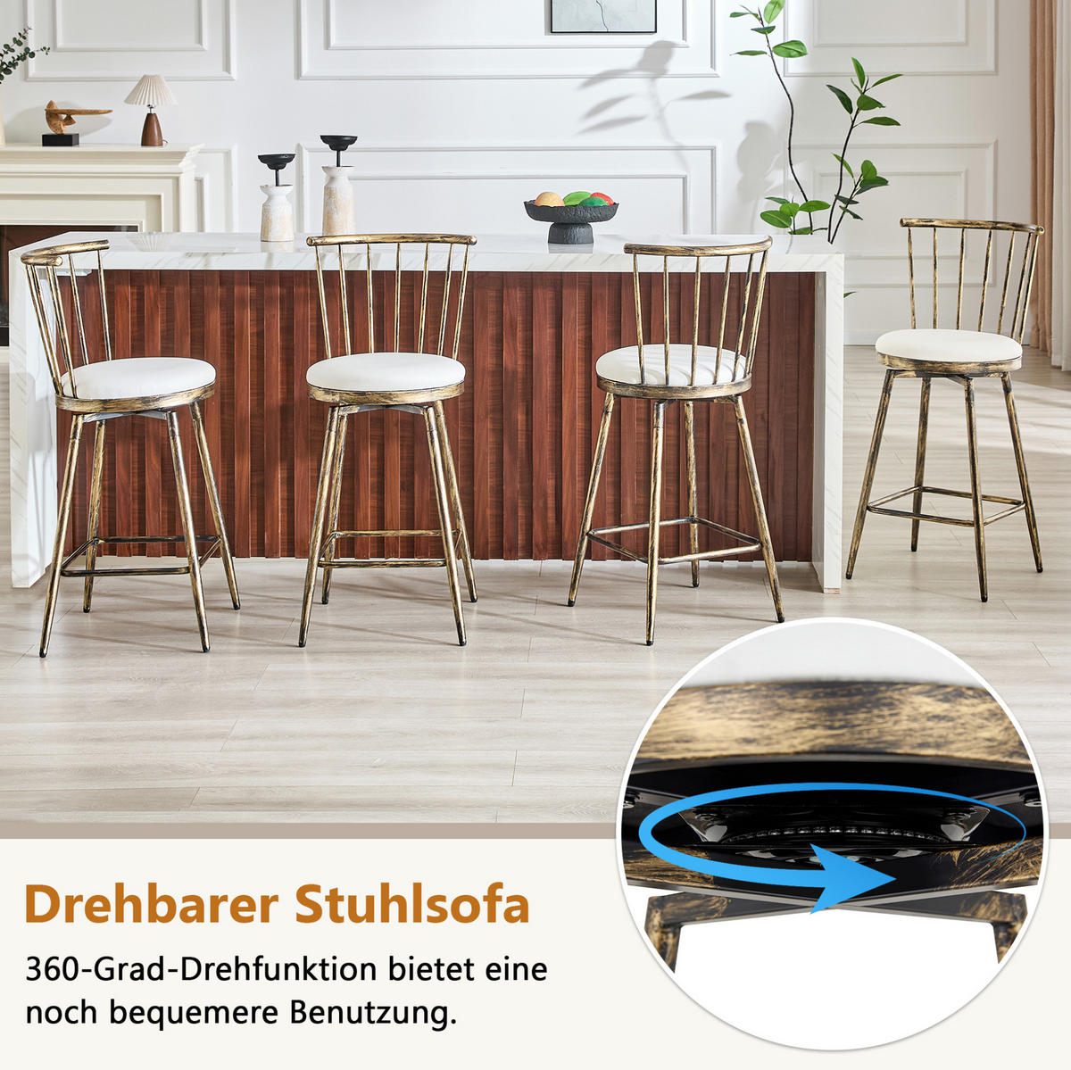 BARHOCKER aus Metall mit gepolstertem Sitz, PU-Bezug und Fußstütze, Braun-Weiß - Braun, Metall (39/96/39cm) - MIVRAY