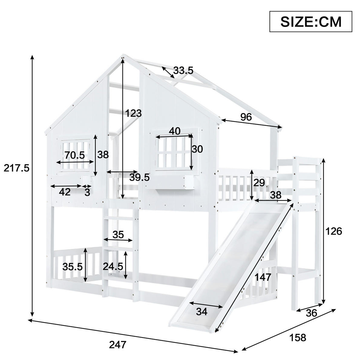 ETAGENBETT aus Kiefer und MDF 90x200 cm Weiß/Natur mit Rutsche, Dach, Fenstern und Fallschutz - Weiß, Holzwerkstoff (90/200cm) - Modfu