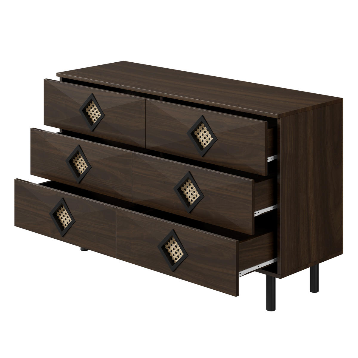 SIDEBOARD Walnuss mit 6 Schubladen & Rattan-Griffen Modern 120×40×74 cm - Walnussfarben, Holzwerkstoff (120/74/40cm) - Urban Meuble
