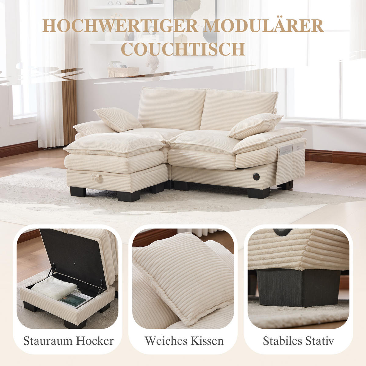 2-SITZER SOFA Cord Beige mit Hocker, USB-C und Seitentaschen - Beige, Holzwerkstoff/Kunststoff (190/132cm) - WISHDOR