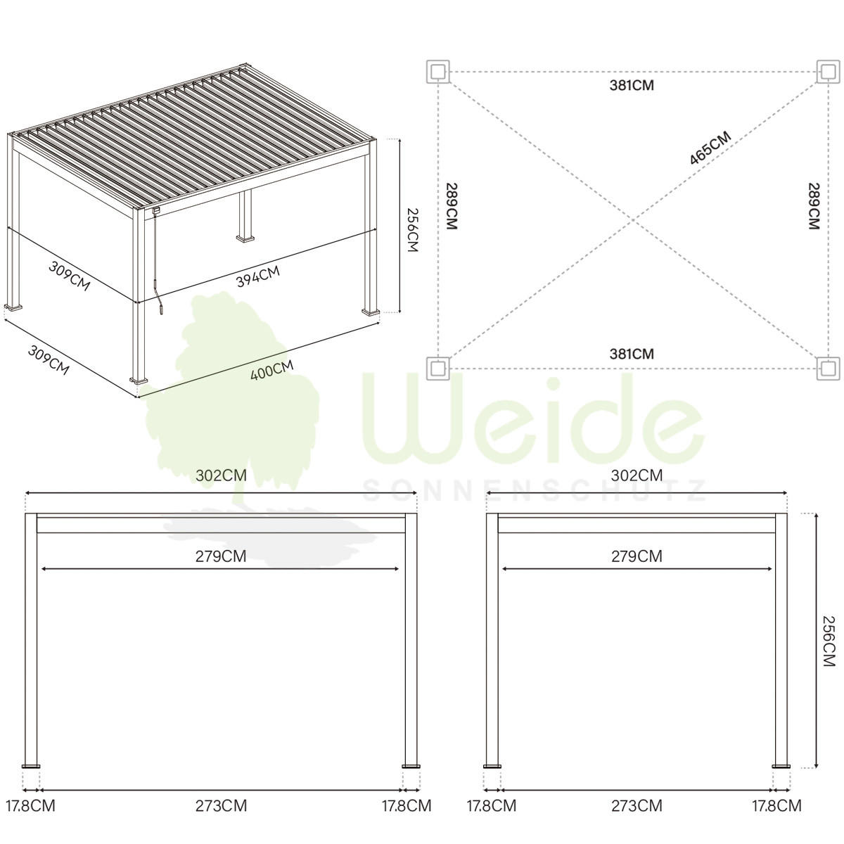 PERGOLA Deluxe Elektrischer Pavillon Terrassenüberdachung Aluminium LED 3 x 4 m - Schwarz, Metall (300/255/400cm) - WEIDE