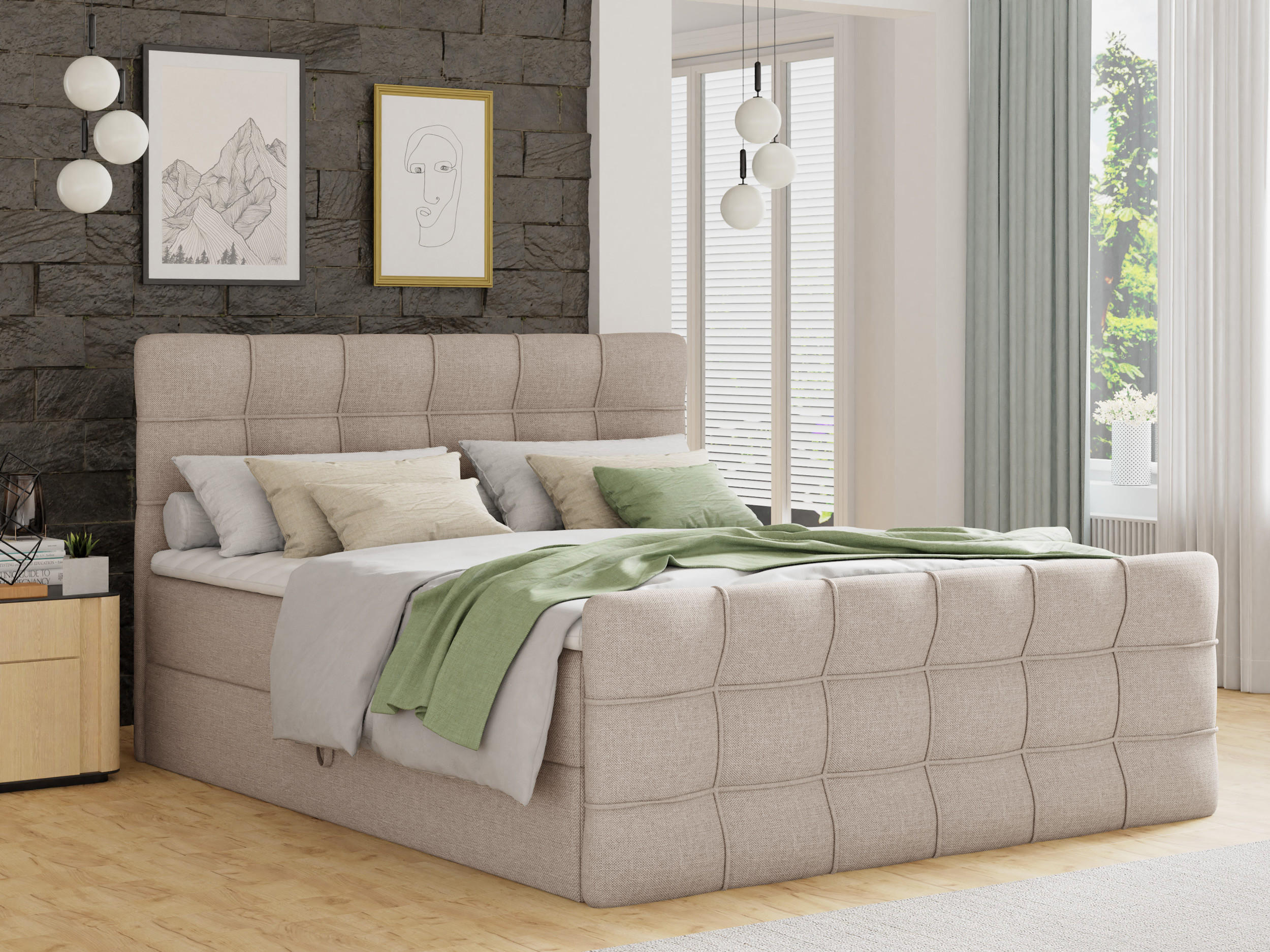 BOXBETT Best Lux - 160x200 - beige (Inari 22, Webstoff) - Beige/Schwarz, Holz/Holzwerkstoff (160/200cm) - Sofnet