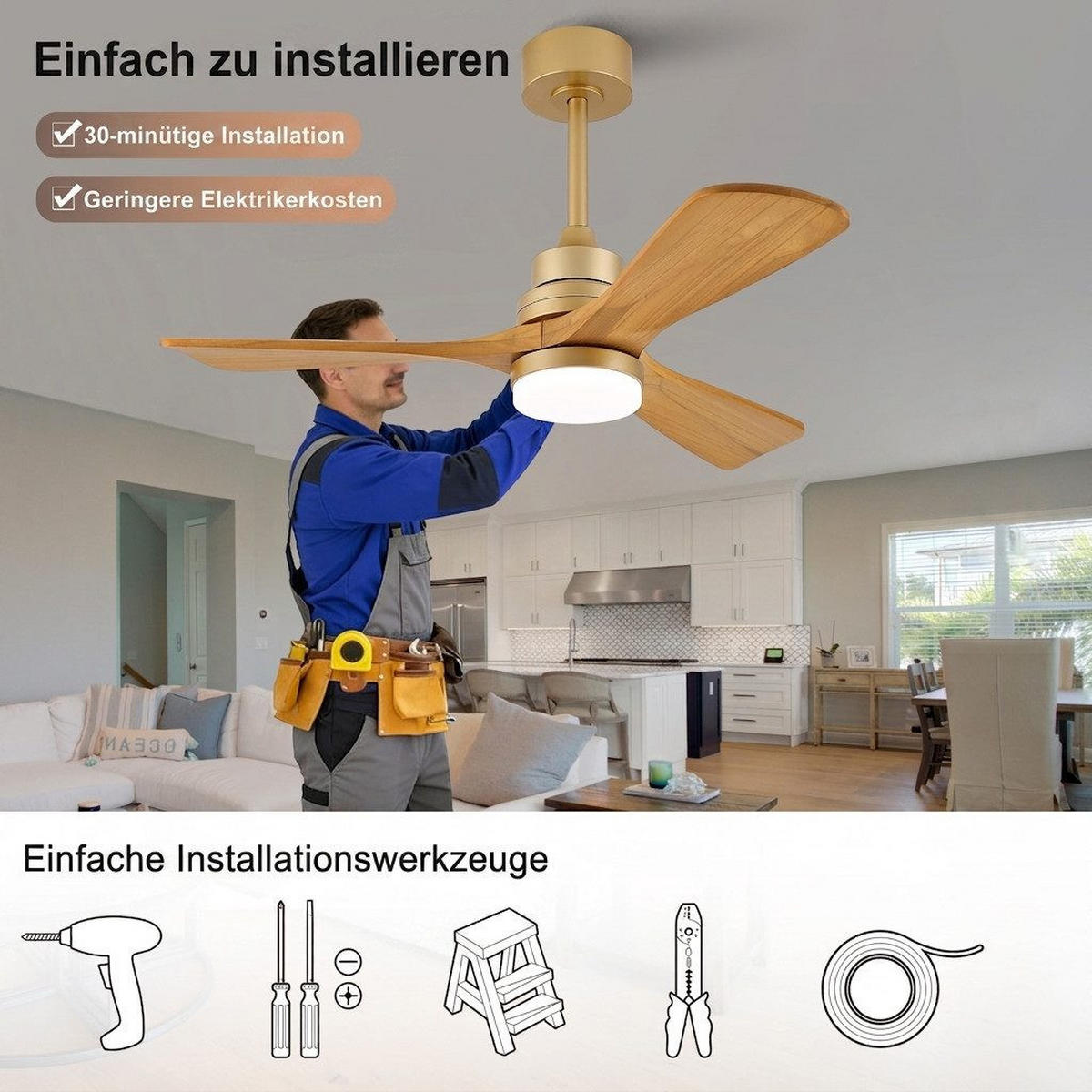 DECKENVENTILATOR & LED-Beleuchtung/Fernbedienung Sommer/Winter Betrieb - Goldfarben, Metall (107/107/53cm) - BEXEVUE
