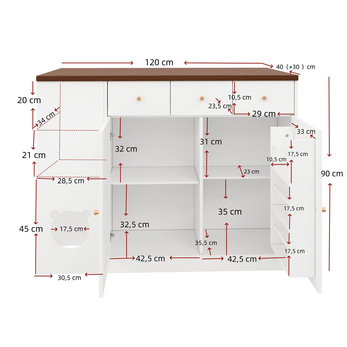 KÜCHENINSEL 120/70/90 cm Weiß mit Ausziehplatte, Schubladen, Gewürzregal und Katzenhöhle - Weiß, Holz/Holzwerkstoff (120/90/70cm) - Oxeza