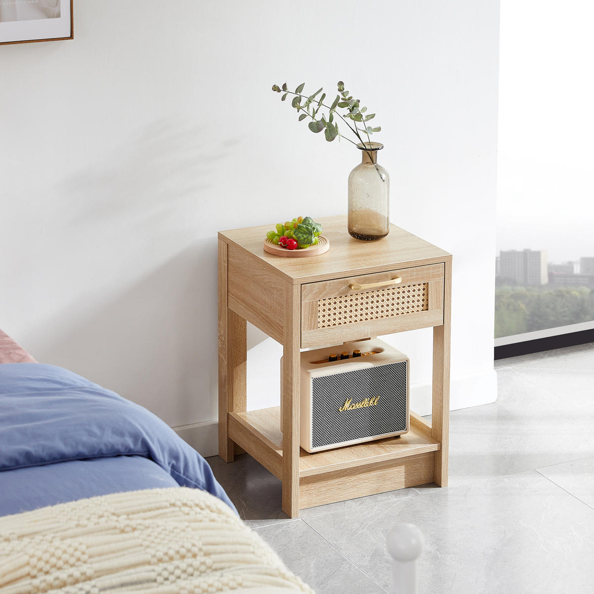 BEISTELLTISCH/NACHTTISCH, MDF in Rattan-Optik mit Schublade, 40/40/55 cm, Natur - Naturfarben, Holzwerkstoff (40/55/40cm) - Redom