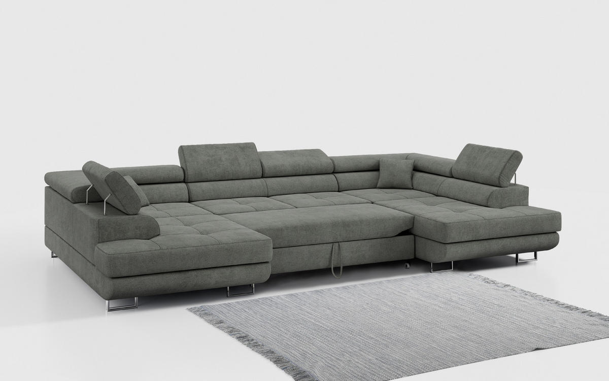 WOHNLANDSCHAFT GUSTAW U Grau Struktur - Silberfarben/Grau, Textil/Metall (340/55/205cm) - MKS