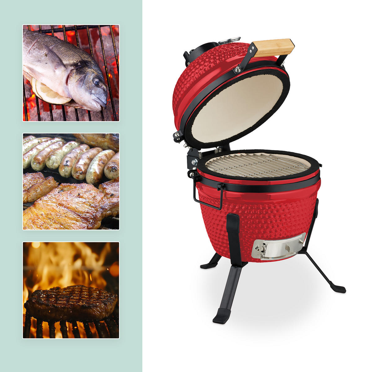 KAMADO-GRILL - Rot, Keramik/Metall (34/56.5cm) - Relaxdays