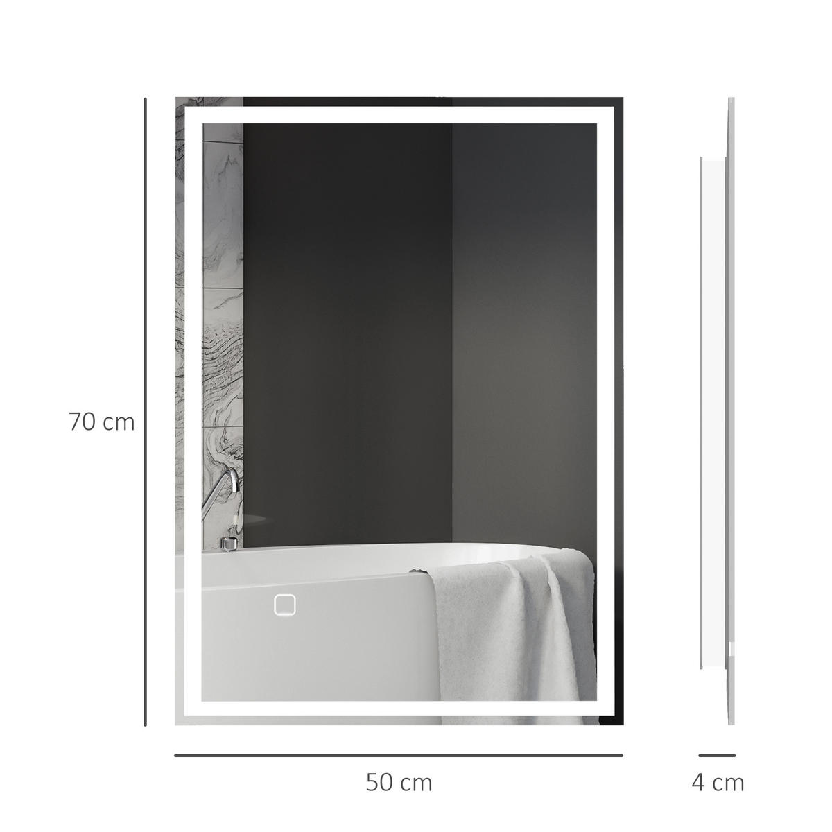 BADSPIEGEL, mit LED-Leuchte, 70 x 50 cm, beschlagfrei, mit Touchschalter, IP44 - Silberfarben, Glas (70/4/50cm) - HOMCOM