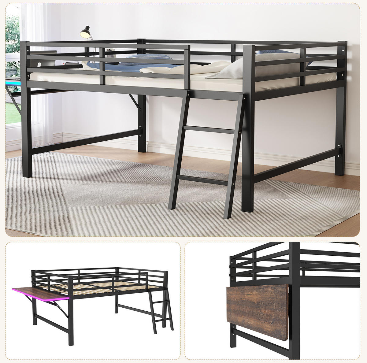 METALLBETT aus Metall 140x200 cm Schwarz mit Schutzgeländer, Leiter, klappbarem Schreibtisch und LED-Beleuchtung - Schwarz, Metall (140/200cm) - Modfu