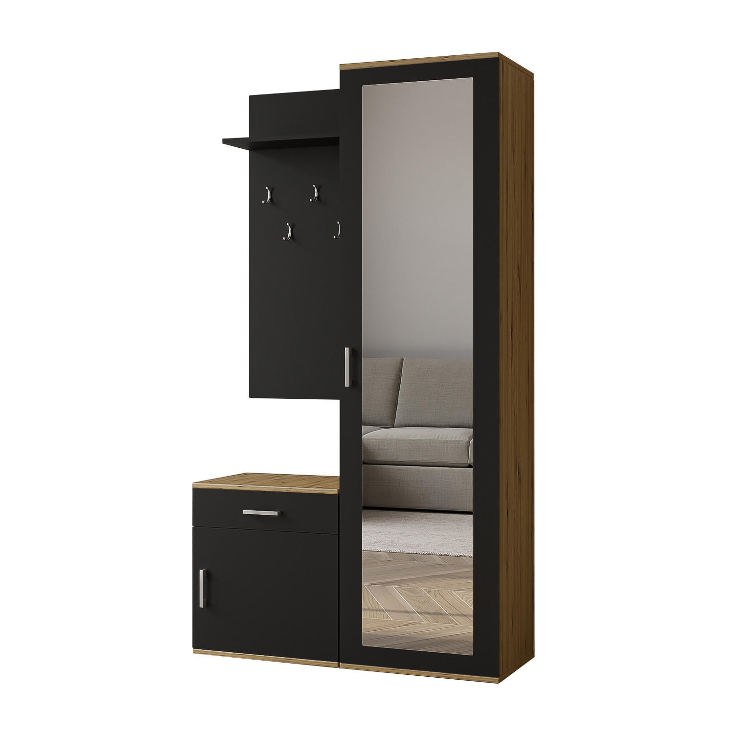 GARDEROBE Patricia 100 cm mit Spiegel, mit Schuhschrank und Schublade, artisan, schwarz - Schwarz/Eiche Artisan, Kunststoff (100/181/35cm) - Margaret Hadas24