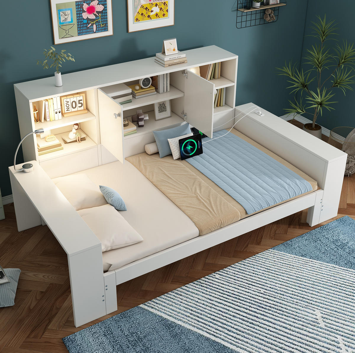 DENNÁ posteľ 90/200 cm biela s výsuvným lôžkom, úložným priestorom a USB portmi z MDF a preglejky - biela, kompozitné drevo (90/200cm) - OKWISH