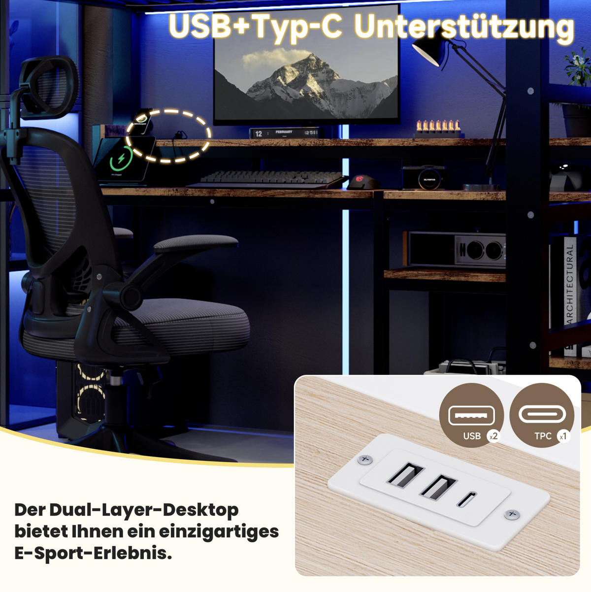 HOCHBETT Metall & MDF 140x200 cm Schwarz mit Leiterschrank, Ablagefach, LED-Lichtleiste & USB/Typ-C - Schwarz, Holzwerkstoff (140/200cm) - Modfu