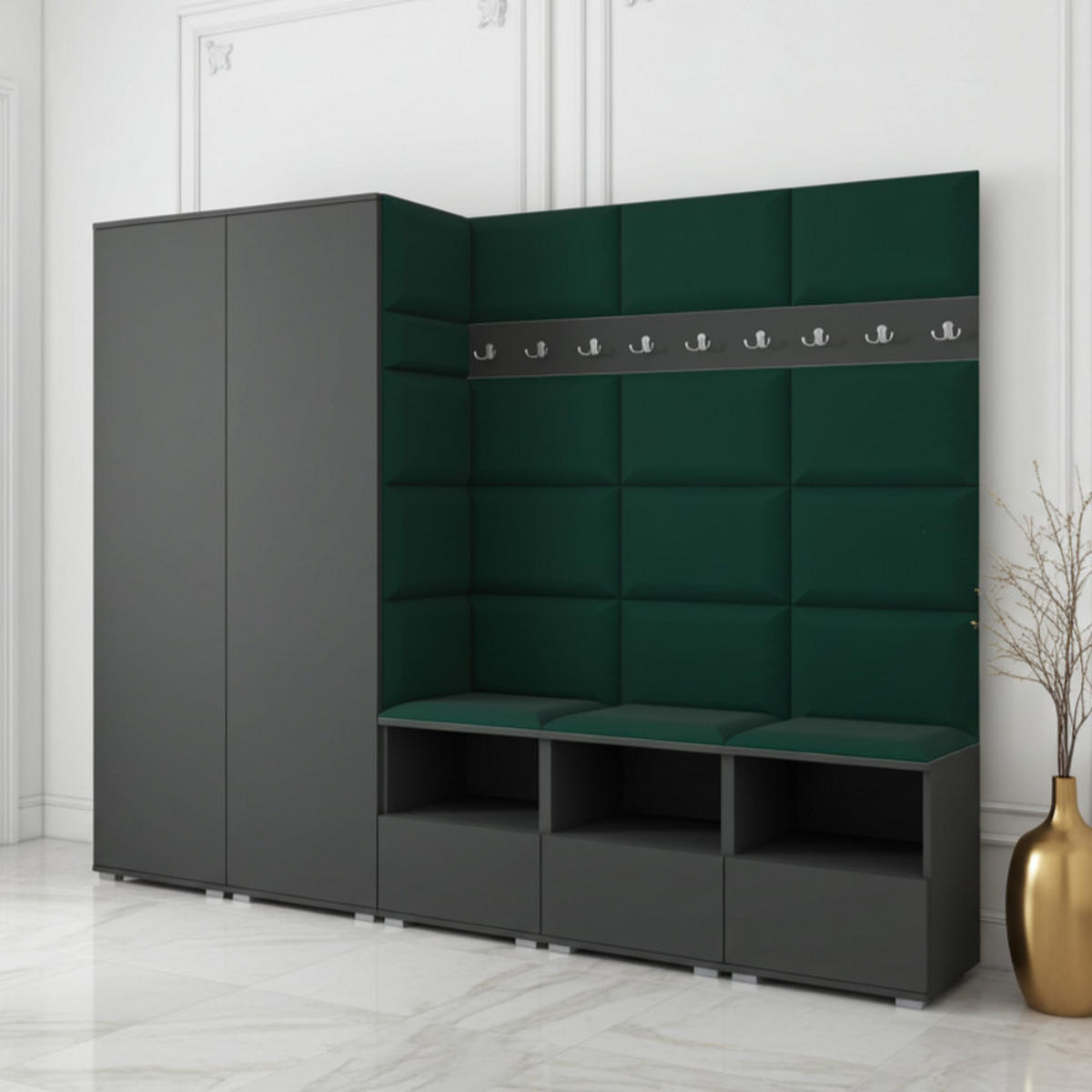 GARDEROBE NELA VII 250 cm (Modulare Flurmöbel XL Graphit mit Sitzpolster Flaschengrün 28 2 Schränke) - Dunkelgrün/Silberfarben, Holz/Holzwerkstoff (250/187/40cm) - Ravio