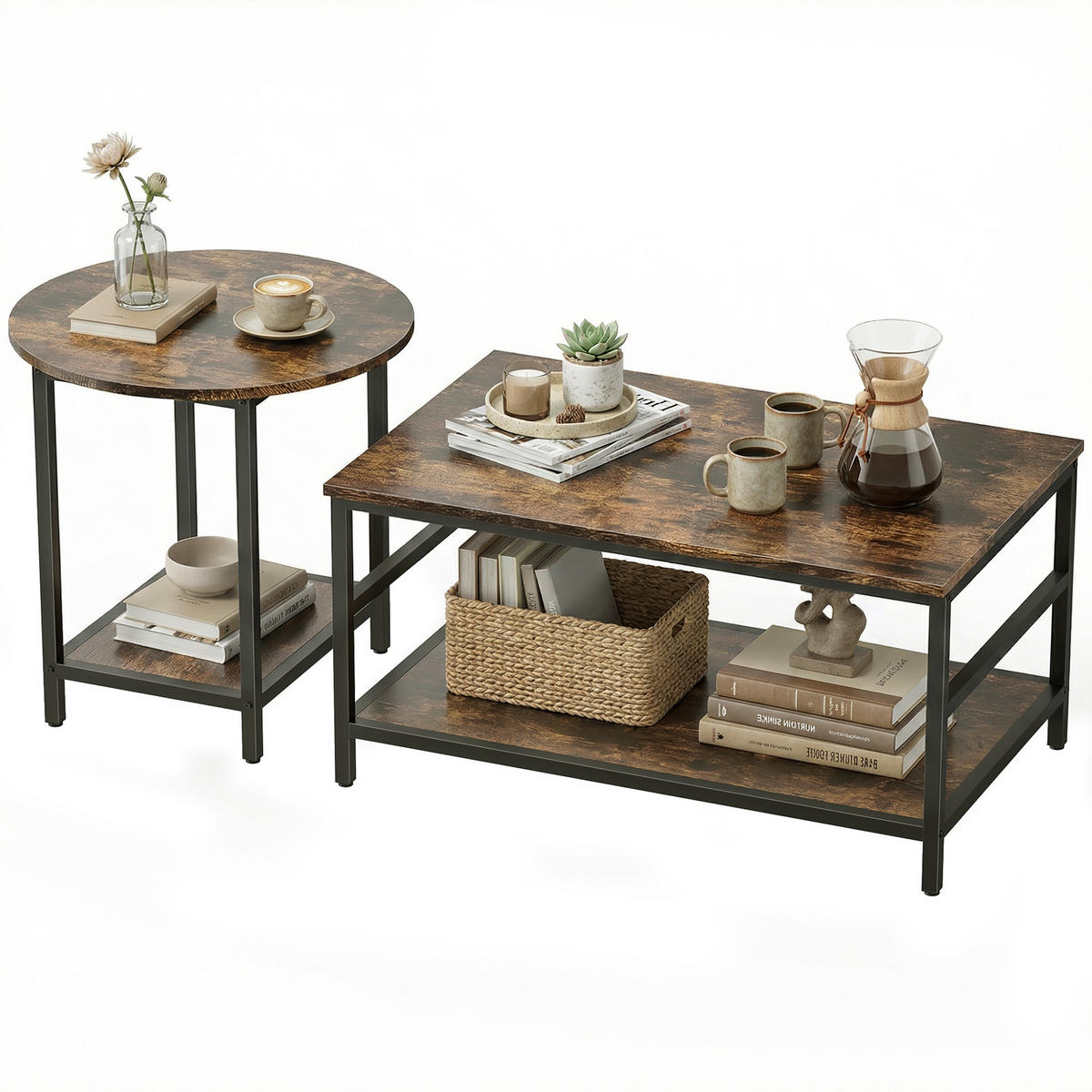 COUCHTISCH-SET DE-08779 2-teilig Rustikal-Braun - Braun, Metall (80/54/41cm) - ComfortXL