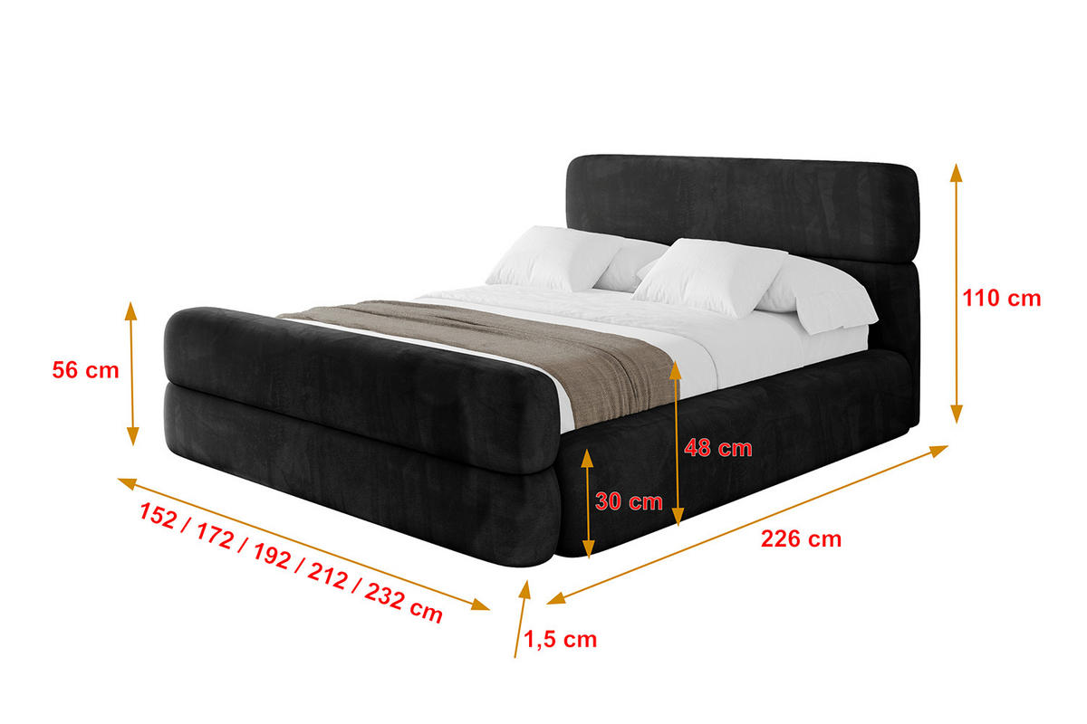 POLSTERBETT mit Bettkasten, Fußteil und Lattenrost, Boxbett mit Matratze H3/H4 - ENORA-Z 180x200 Schwarz - Schwarz, Holzwerkstoff/Textil (180/200cm) - ALTDECOR