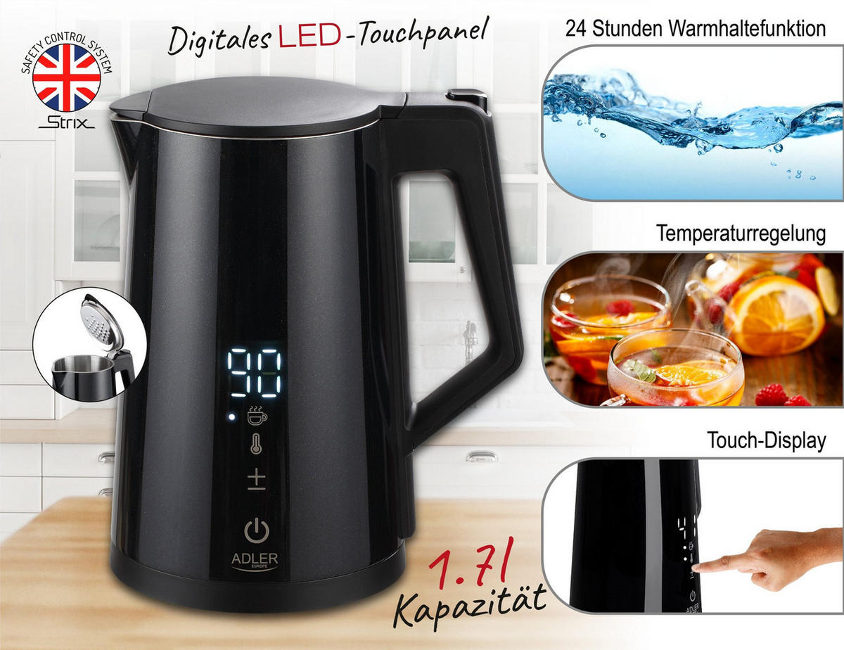 WASSERKOCHER AD1345S Edelstahl 1,7L – 2200W Teekocher mit Temperaturwahl 40–100°C, LED Anzeige, Cool Touch, Warmhaltefunktion, Antikalkfilter - Schwarz, Kunststoff (22/26/16cm) - Adler