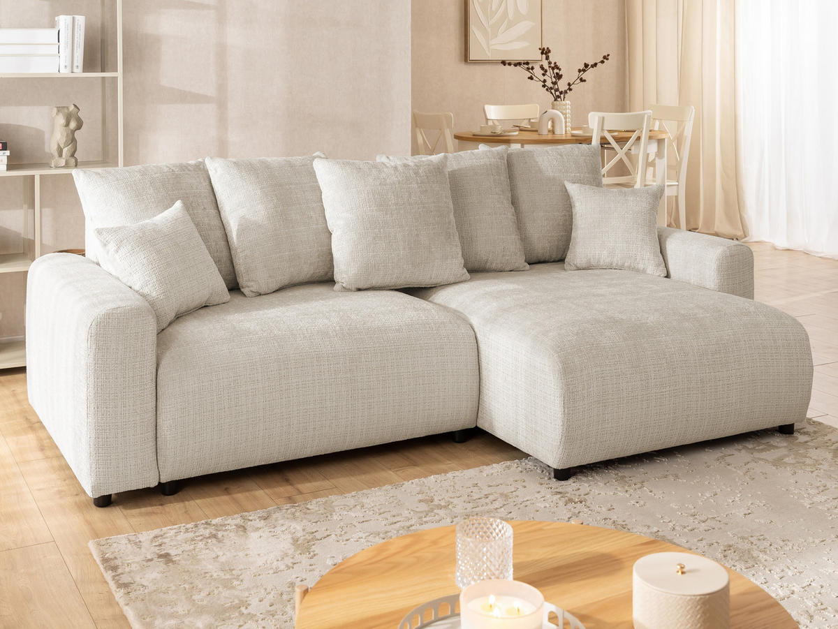 ECKSOFA Calma mit Schlaffunktion und Bettkasten im Bumpy-Design aus weichem Beige Chenille-Stoff - Ottomane rechts - Beige/Schwarz, Holz/Kunststoff (239/140cm) - S-Style Möbel