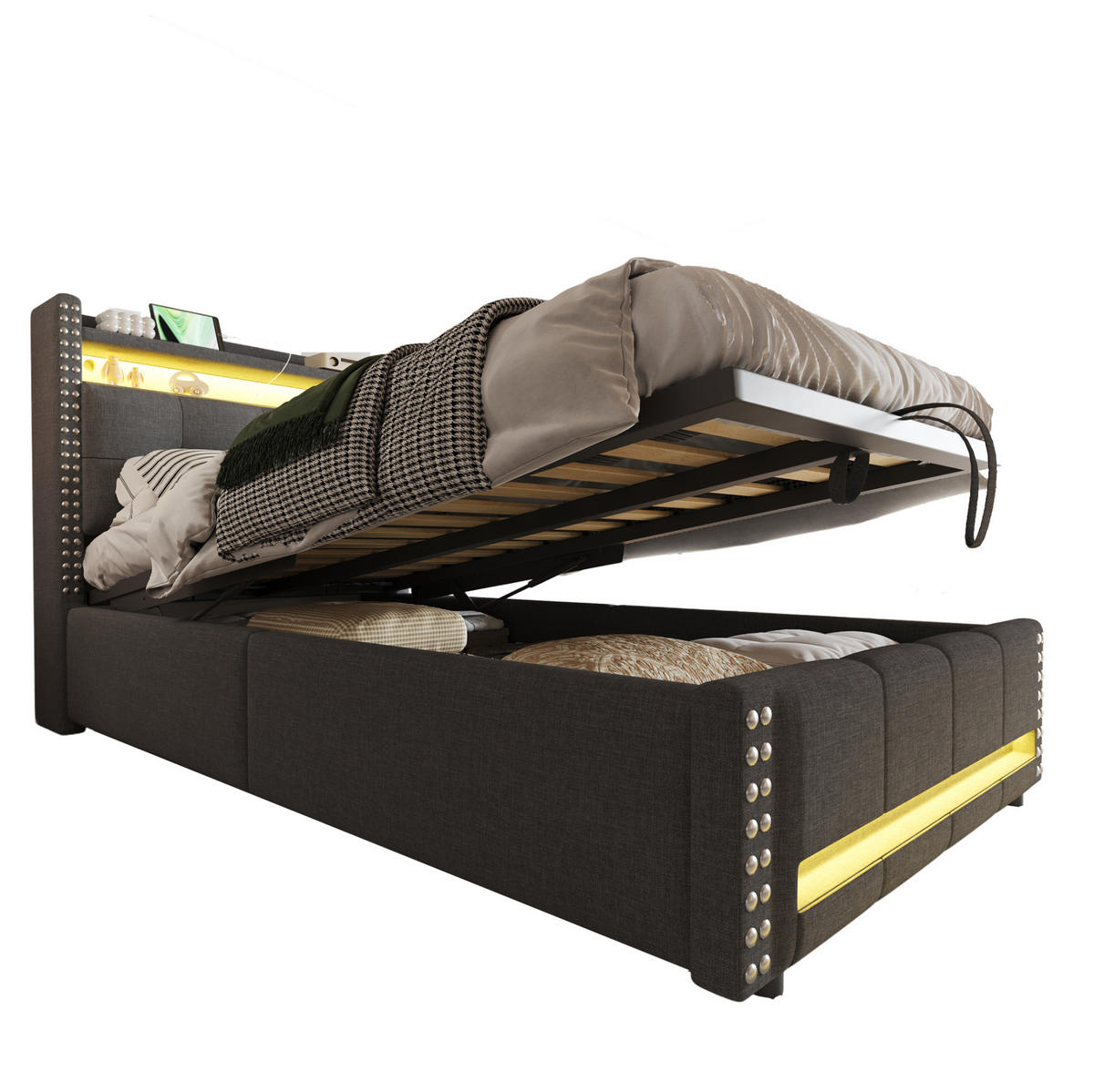 POLSTERBETT 90/200 cm Grau mit LED-Beleuchtung, USB-Anschluss und Stauraum - Grau, Textil (90/200cm) - Flora Grace