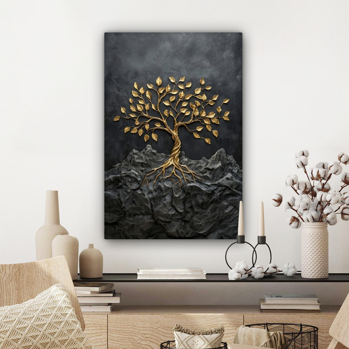 LEINWANDBILD Blätter - Gold - Baum - Fels Wanddeko 40x60 cm - Schwarz, Textil (40/60cm) - MuchoWow