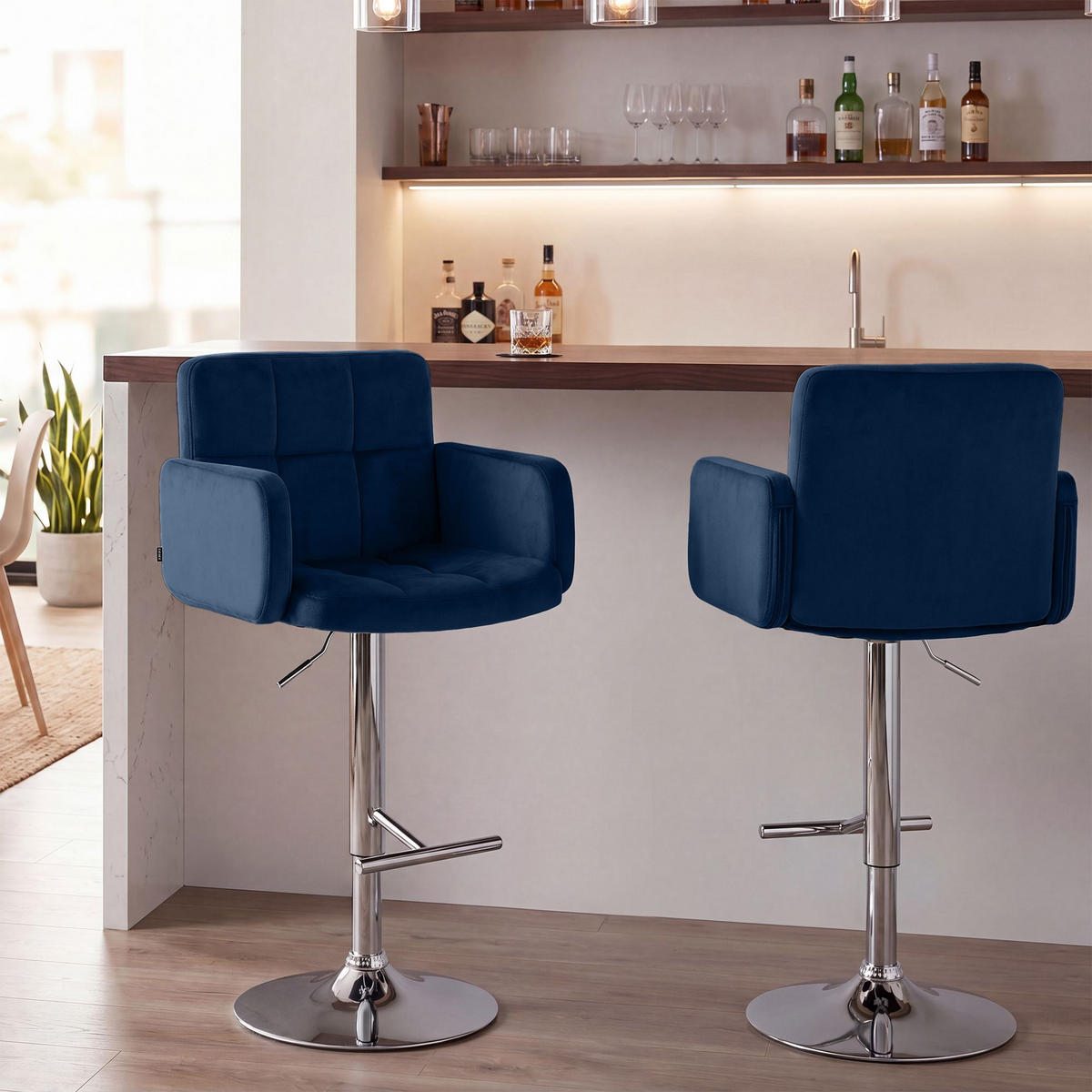 BARHOCKER 2 Samt Blau - Chromfarben/Blau, Textil/Metall (60/93/56cm) - CLP