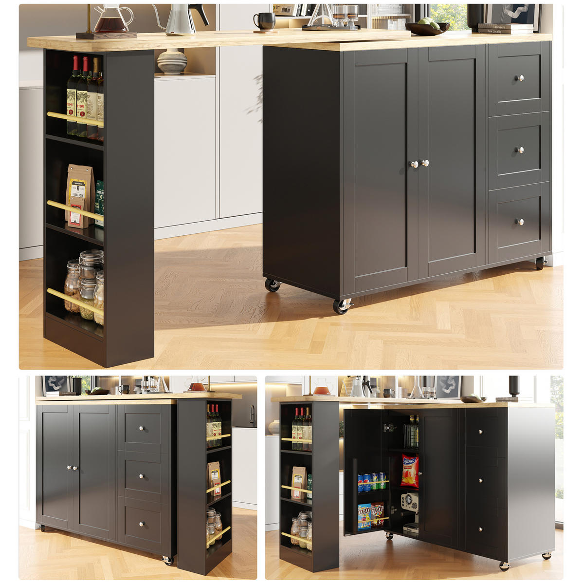 BARTISCHSCHRANK 360° drehbar auf Rollen 203 x 39 x 106 cm Schwarz - Schwarz, Holz (39/106/203cm) - Beauniv