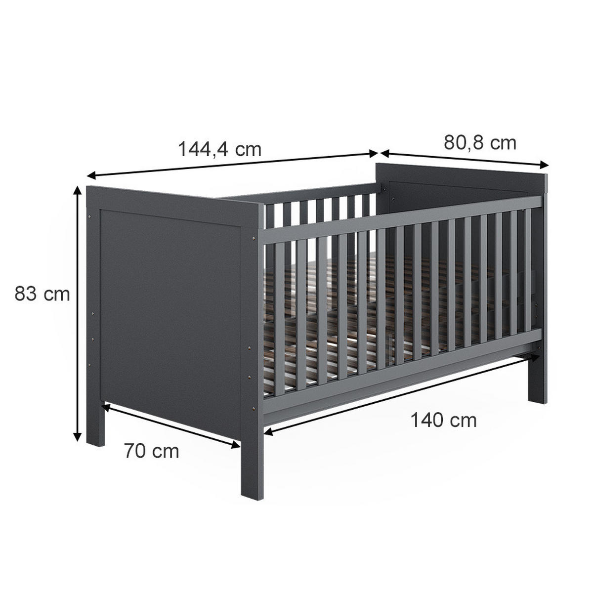 BABYBETT Ajaton Grau 144.4 x 83 cm mit Matratze - Grau, Holzwerkstoff (144.4/83/80.8cm) - VitaliSpa