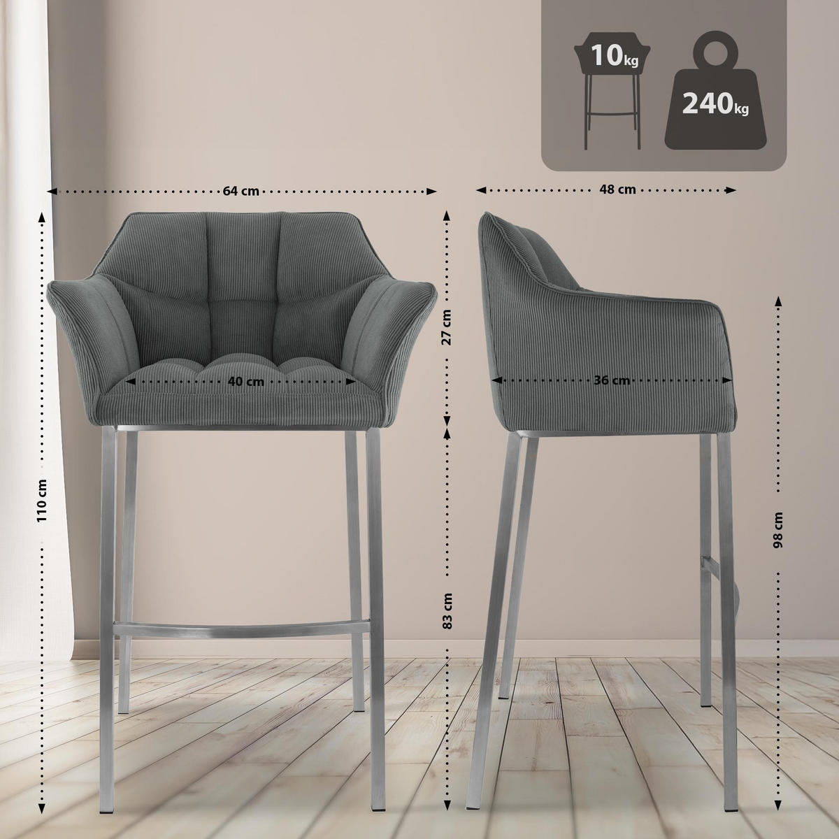 BARHOCKER Damaso 110x64x48 cm grau - Grau, Metall (64/110/48cm) - furnicato