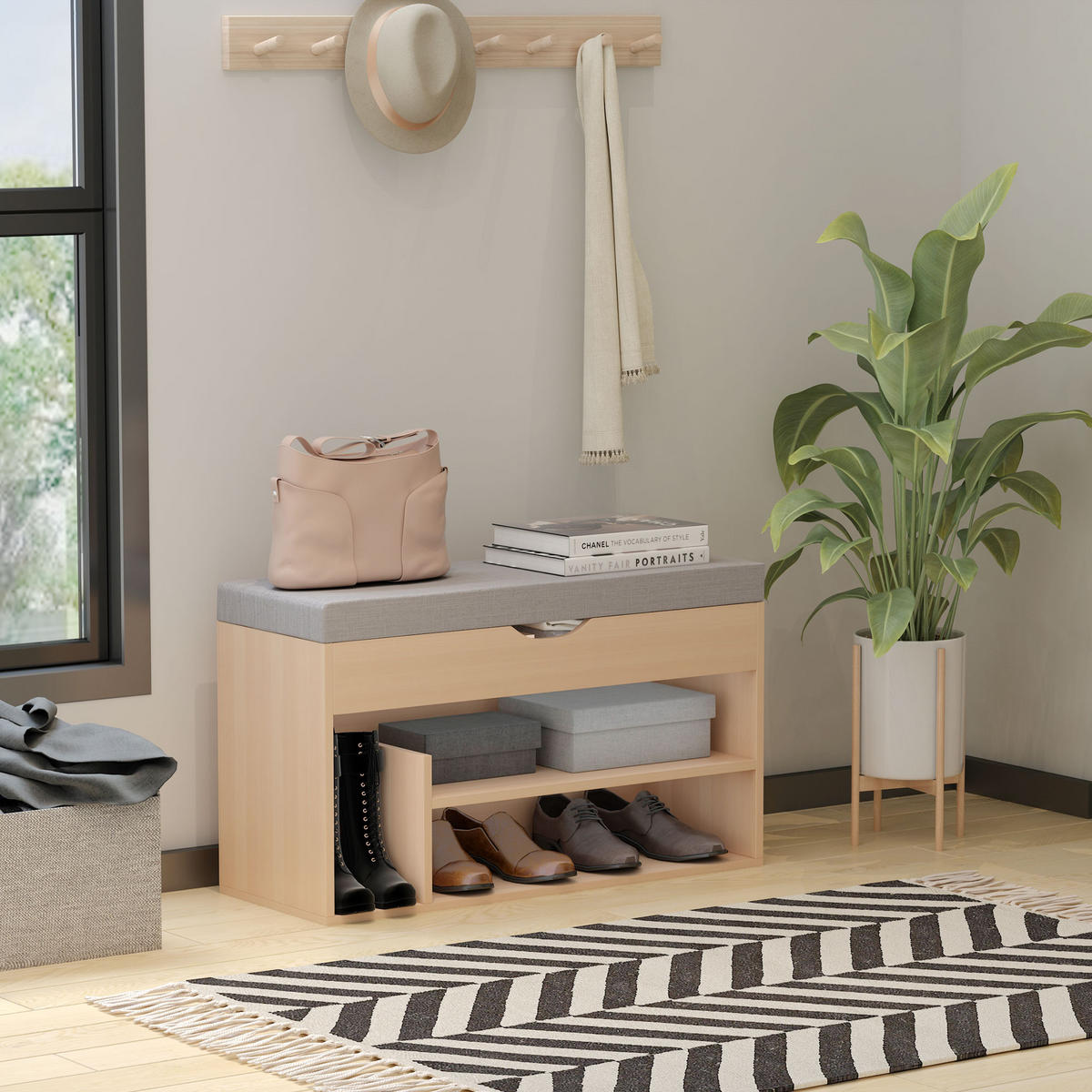 SCHUHBANK DE-16744 2 Ebenen mit Stauraum und Kissen Beige/Grau - Beige, Holzwerkstoff (80/48/30cm) - ComfortXL