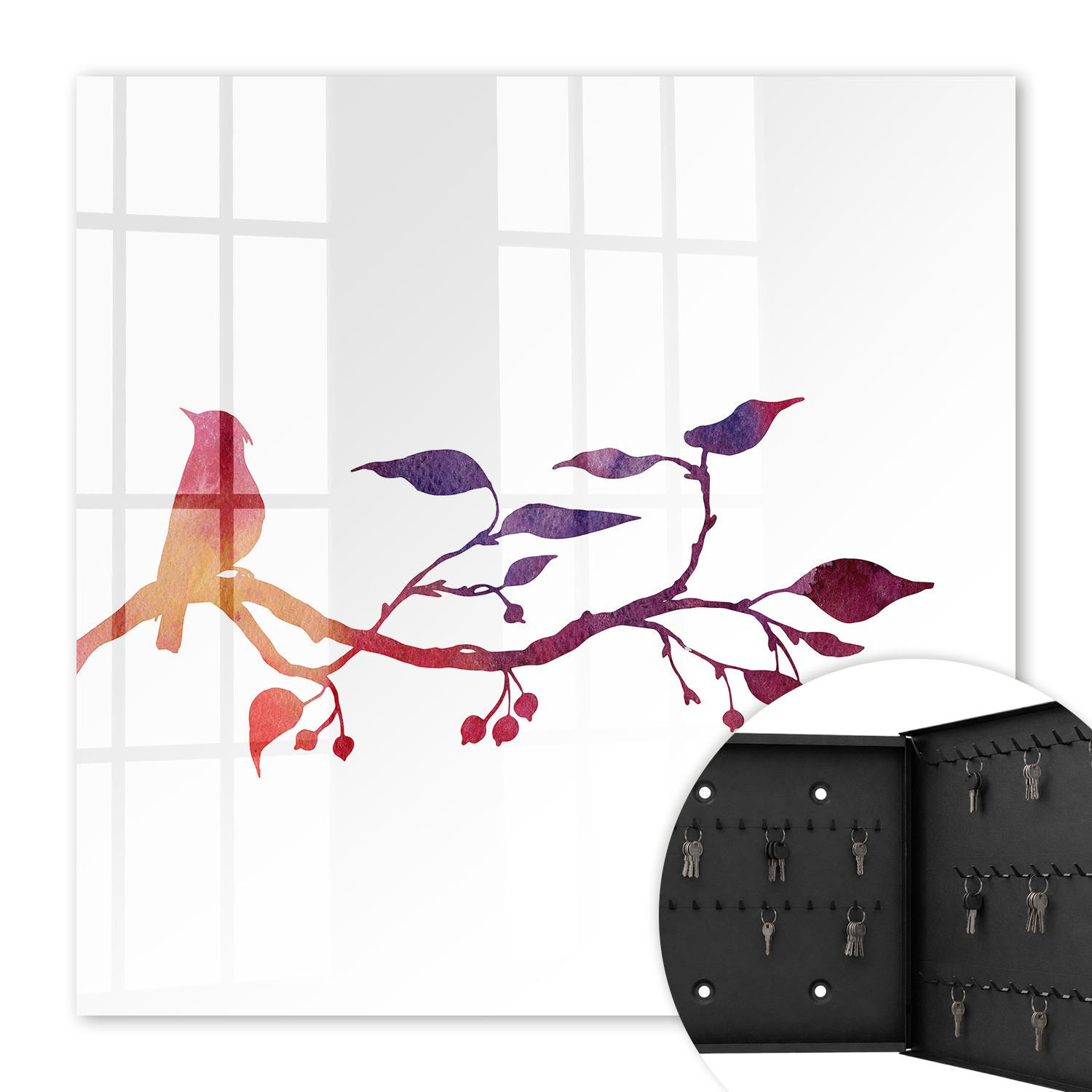 SCHLÜSSELBOX Schwarz 30x30 cm- Türöffnung nach rechts - Ein Ast mit einem Vogel - Rot, Metall (30/30/5cm) - TULUP